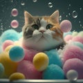 a cat sitting in a bath filled with soap bubbles and bubbles floating around it\'s head and eyes, wit