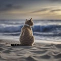 A cat is sitting on the beach watching the blue waves. AI-generated. Royalty Free Stock Photo