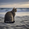 A cat is sitting on the beach watching the blue waves. AI-generated. Royalty Free Stock Photo