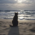 A cat is sitting on the beach watching the blue waves. AI-generated. Royalty Free Stock Photo