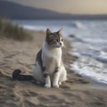 A cat is sitting on the beach watching the blue waves. AI-generated. Royalty Free Stock Photo