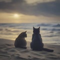 A cat is sitting on the beach watching the blue waves. AI-generated. Royalty Free Stock Photo