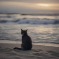 A cat is sitting on the beach watching the blue waves. AI-generated. Royalty Free Stock Photo