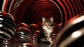 A cat is sitting in a black and white striped tunnel, AI Royalty Free Stock Photo