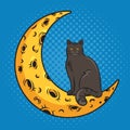 Cat sitting on cartoon moon pop art raster Royalty Free Stock Photo