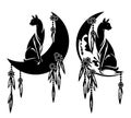 Cat sitting on crescent moon dreamcatcher black and white vector design set Royalty Free Stock Photo