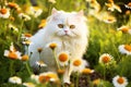 Cat sitting in daisy flowers garden. Generative Ai Royalty Free Stock Photo