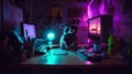 A cat sitting on a desk in front of a computer. Generative AI image Royalty Free Stock Photo
