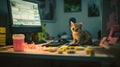 A cat sitting on a desk in front of a computer. Generative AI image Royalty Free Stock Photo