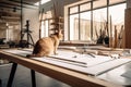 cat, sitting at the drawing board, sketching out design for sleek and modern home