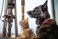 cat sitting on drilling rig, while dog keeps watch Royalty Free Stock Photo