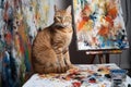 cat, sitting on easel, painting abstract masterpiece