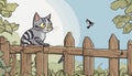 A cat sitting on a fence looking at a bird