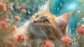 A cat is sitting in a field of flowers with bubbles around it, AI Royalty Free Stock Photo