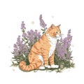 a cat sitting in a field of flowers on a white background with a green eyed cat in the middle of the picture and a purple flower