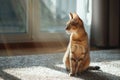 A cat sitting on the floor in front of a window. Suitable for pet and home decor concepts Royalty Free Stock Photo