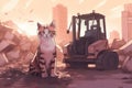 A cat sitting in front of a bulldozer. Generative AI image.