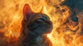 A cat sitting in front of a fire with flames around it, AI Royalty Free Stock Photo