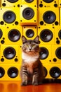 Cat sitting in front of wall of speakers with surprised look on its face. Generative AI