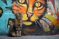 cat sitting by graffiti wall with head turned sideways with tongue in front Royalty Free Stock Photo