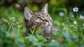 A cat sitting in the grass looking up at something, AI Royalty Free Stock Photo