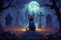 Cat sitting in a graveyard at night. Halloween illustration, generative AI Royalty Free Stock Photo