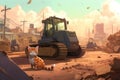 A cat sitting on the ground in front of a bulldozer. Generative AI image.