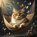 A cat sitting in a hammock surrounded by butterflies. Royalty Free Stock Photo