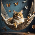 A cat sitting in a hammock surrounded by butterflies. Royalty Free Stock Photo