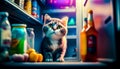Cat sitting inside of refrigerator next to bunch of bottles and oranges. Generative AI