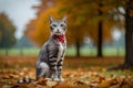 A Cat with Red Bandana Sitting on Fallen Leaves in Autumn Park