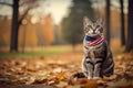 Cat Sitting on Bed of Fallen Leaves in Park with USA Flag Bandana