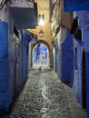 A cat sitting lonely on an alley in Chefchaouen at night