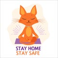 If you can`t go outside stay inside. Cat sitting in a lotus pose at home meditating. Yoga activity while staying home.