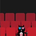 Cat sitting in movie theater eating popcorn. Cute cartoon character. Film show Cinema background. Royalty Free Stock Photo