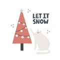 Cat sitting near christmas tree. Let it snow lettering. Hand drawn vector illustration. Greeting card template Royalty Free Stock Photo
