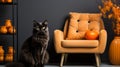 A cat sitting next to a pumpkin on a couch Royalty Free Stock Photo