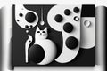 a cat sitting next to a white and black object on a wall with circles and dots on it\'s face and a black and white backgroun