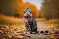 A Cat Sitting on Autumn Leaves Path with UK Flag Bandana