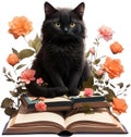cat sitting on a pile of books with flowers behind them. AI-Generated.