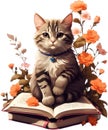 cat sitting on a pile of books with flowers behind them. AI-Generated.