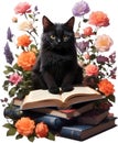 cat sitting on a pile of books with flowers behind them. AI-Generated.