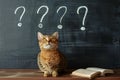 a cat sitting with question marks on black board.ai generative Royalty Free Stock Photo