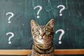 a cat sitting with question marks on black board.ai generative Royalty Free Stock Photo