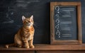 a cat sitting with question marks on black board.ai generative Royalty Free Stock Photo