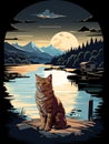 cat sitting relaxed under the moonlight with beautiful views of mountains and rivers