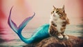 A cat sitting on a rock with its tail in the air, AI Royalty Free Stock Photo