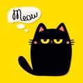 Cat sitting. Sad angry face. Kitten with big yellow eyes. Meow. Black silhouette icon. Cute cartoon baby character. Pink ears, Royalty Free Stock Photo