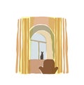 The cat is sitting on a semicircular arched window. Curtains and tulle hang over the Windows. Vector illustration.