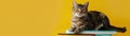 A cat sitting on a stack of textbooks with a yellow backdrop, Back to School Theme Royalty Free Stock Photo